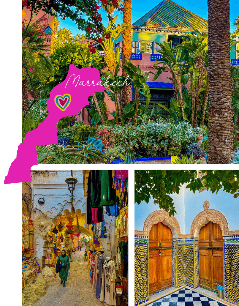 A collage of three photos from Marrakech, Morocco. The top photo shows a lush garden with colorful buildings, palm trees, and tropical plants. The bottom left photo features a vibrant marketplace with hanging textiles and people walking amid shops. The bottom right photo displays an ornate wooden door set in a decorative tiled wall, indicative of Moroccan interior design.
