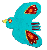 A colorful cartoon bird with blue body, yellow beak, and red wing patterns.