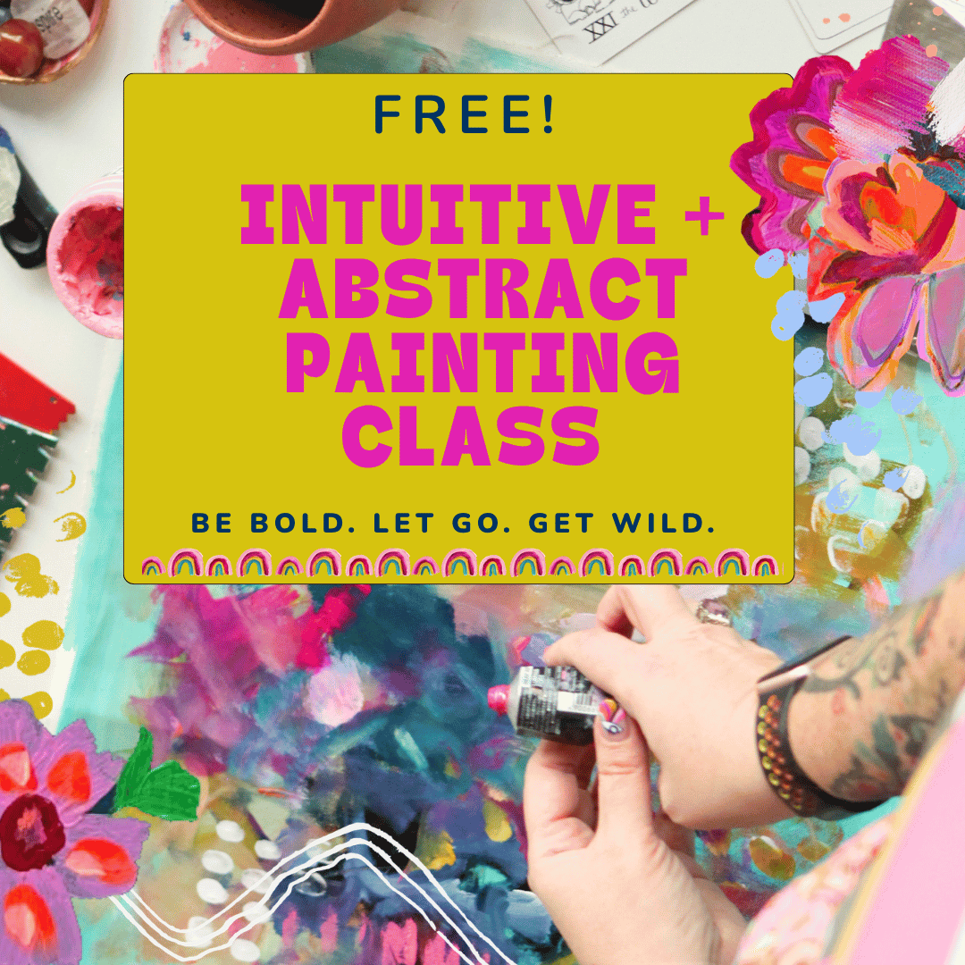 An advertisement overlay for a free intuitive and abstract painting class with colorful, expressive paints and art supplies in the background.
