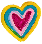 Colorful heart with concentric outlines in yellow, teal, pink, and purple
