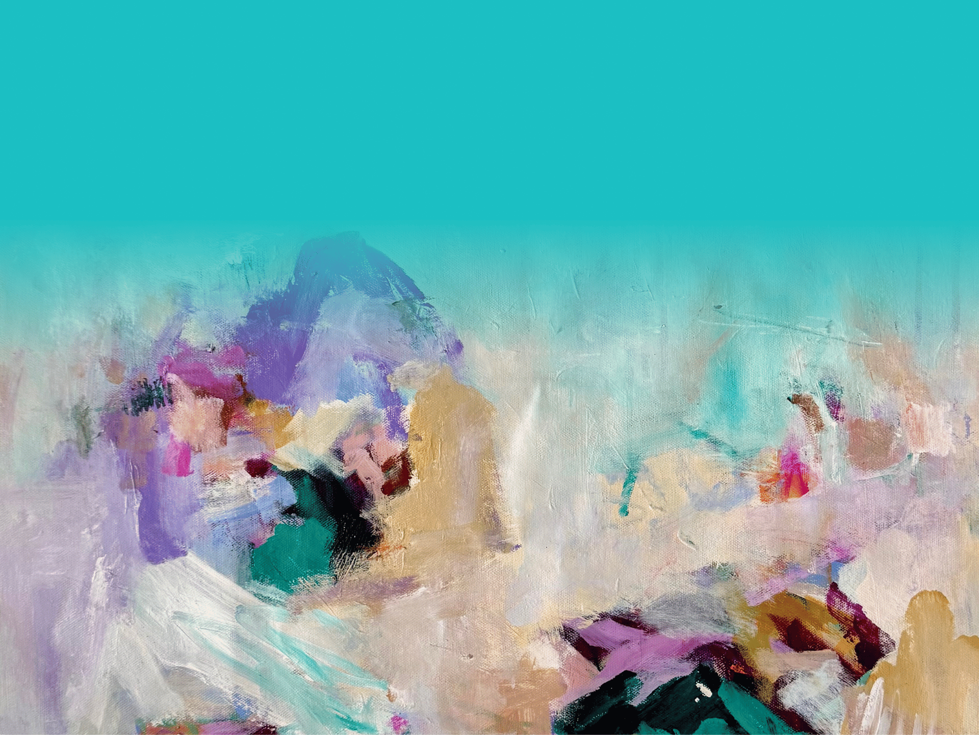 Abstract landscape painting with mountains, sky, and land in pastel and vibrant colors.