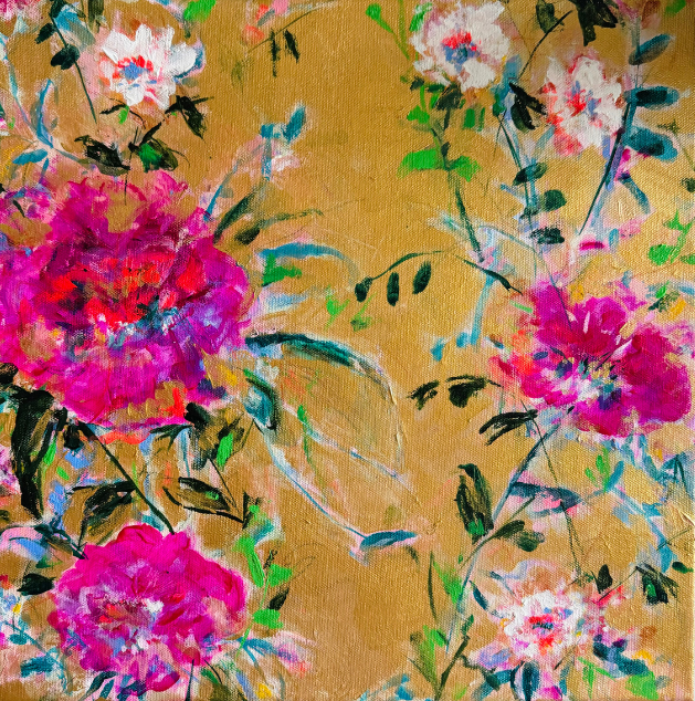 Bright pink and white flowers on green stems against a gold background in an impressionist style painting.