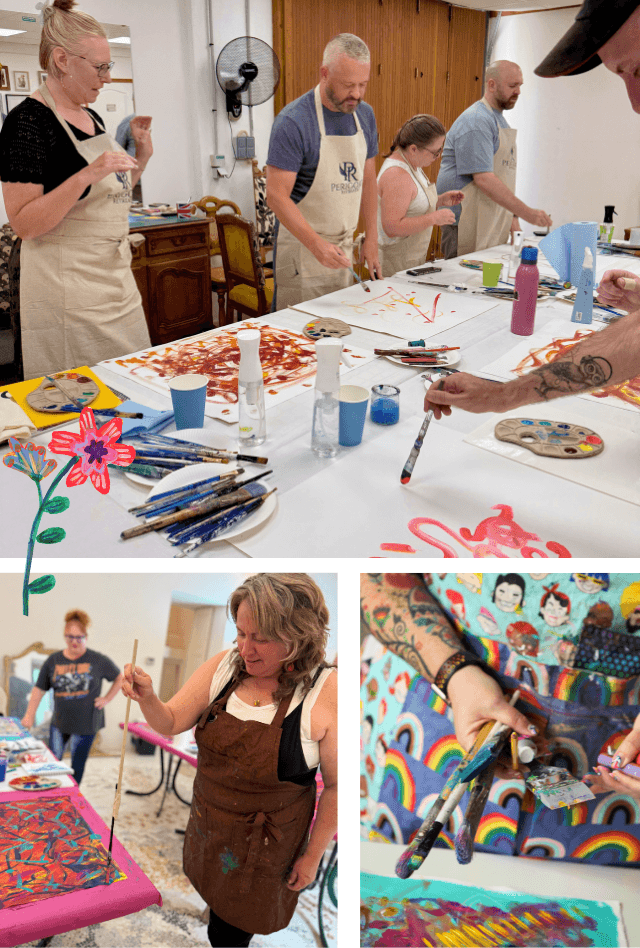 People participating in a painting workshop, creating colorful artwork on canvases and tables equipped with paints, brushes, and other art supplies.