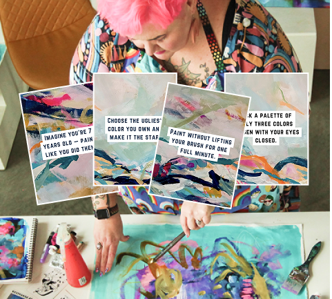 A person with short pink hair creating abstract art on a large canvas using colorful paints and brushes, surrounded by example art cards and art supplies.