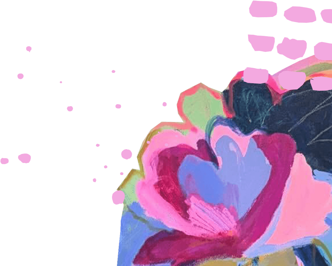Colorful abstract painting of a flower with pink, purple, blue, green, and dark black areas on a black background with pink paint splatters.
