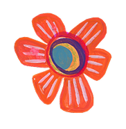 Colorful, stylized flower with five pink petals and a multicolored center