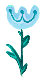 A cartoon-style blue flower with a smiling face on the blossom, green stem, and leaves.