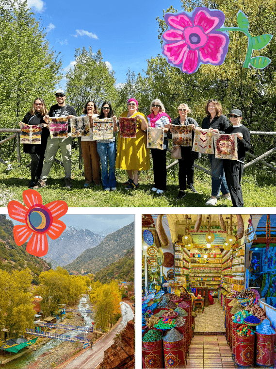 Group of people displaying colorful handmade textiles outdoors, with decorative flower illustrations and images of a mountain river valley and a vibrant craft shop interior.