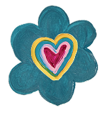 A teal-colored flower with three layered hearts in the center: yellow, blue, and pink.