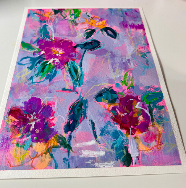 Abstract floral painting with pink, purple, blue, and green colors on canvas.