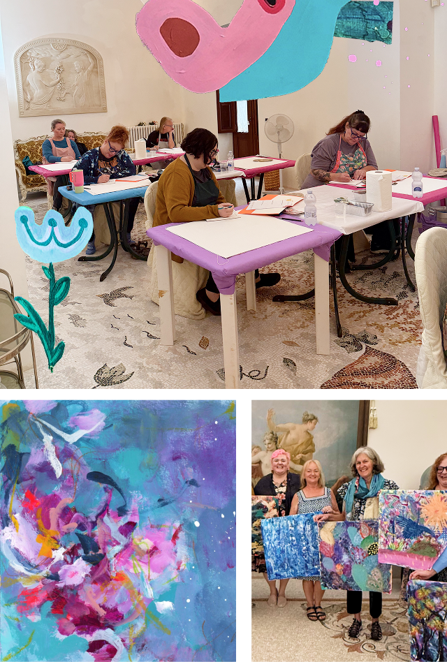 Women participating in an art class, with some painting and others showcasing finished artwork at an art gallery.
