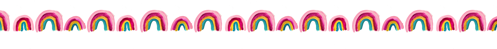 A pattern of colorful rainbows with pink clouds on a white background.