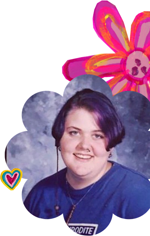 A young woman with short purple hair smiling, wearing a blue shirt with a dose of the word 'dosit' visible, and headphones around her neck, with colorful drawn flowers and a rainbow-colored heart around her.