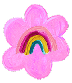 Pink flower-shaped object with a small rainbow inside it, featuring red, orange, yellow, green, blue, and purple colors.