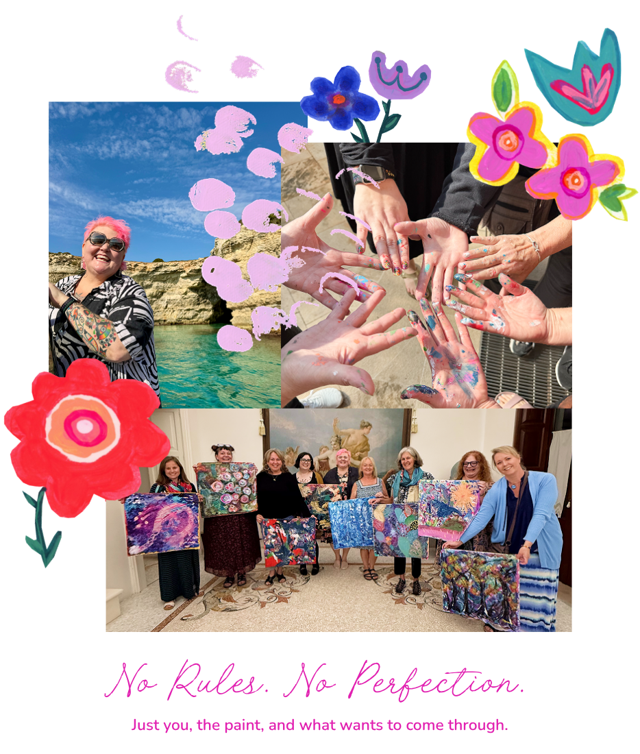 A collage of three photos featuring women engaged in artistic activities. The top left shows a woman with pink hair, sunglasses, and tattoos smiling at the camera outdoors by a rocky coast and blue sky. The top right depicts hands with painted nails and colorful paints, joined together in a group gesture. The bottom photo shows a group of women holding or standing next to abstract painted canvases indoors, smiling at the camera.