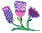 Three tulip flowers in purple and pink shades with green stems and leaves
