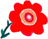 Colorful cartoon flower with red petals, a peach-colored center, and green leaves.