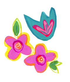 Colorful painted flowers and a bird with a pink heart-shaped design on its chest