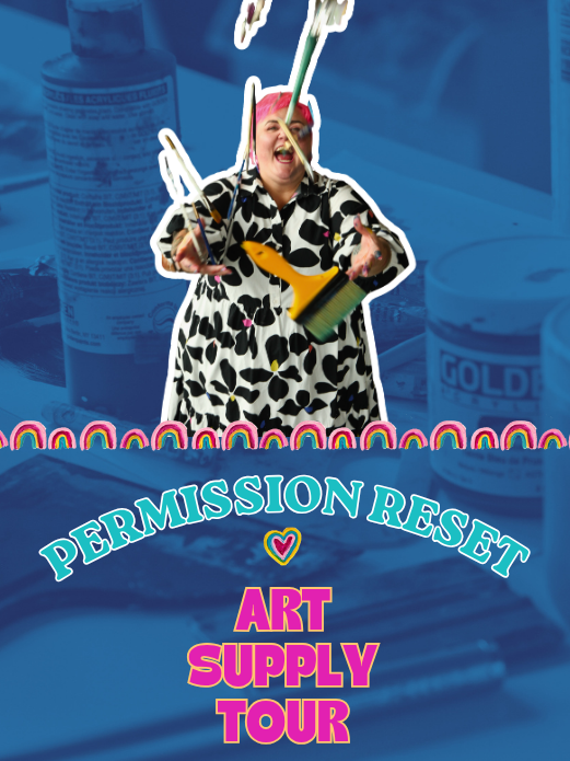 A woman in a black and white spotted outfit wearing pink bunny ears, holding a yellow paintbrush and a paint roller, with art supplies and pill bottles in the background, along with a colorful border and text for an art supply tour.