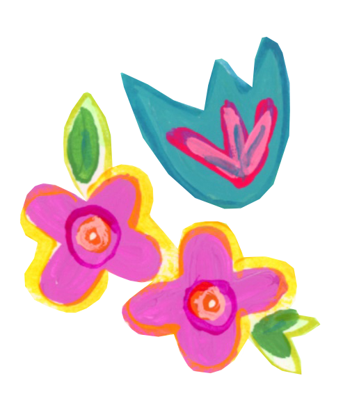 Colorful children's drawing featuring two pink flowers with orange centers, green leaves, and a blue triangular shape with a pink and purple heart design.