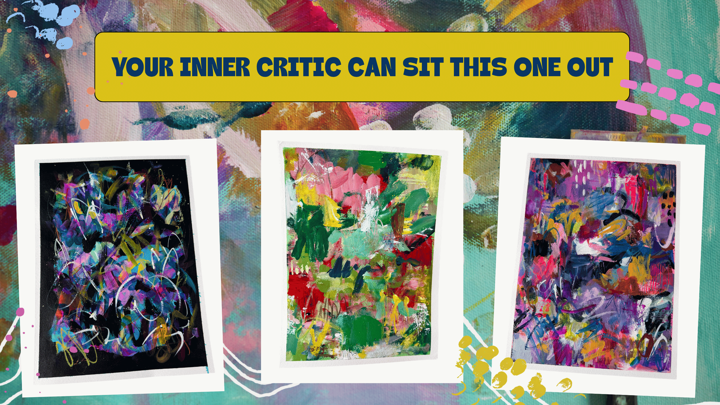 Colorful abstract paintings displayed in a presentational setting with a vibrant, textured background and decorative paint splashes.