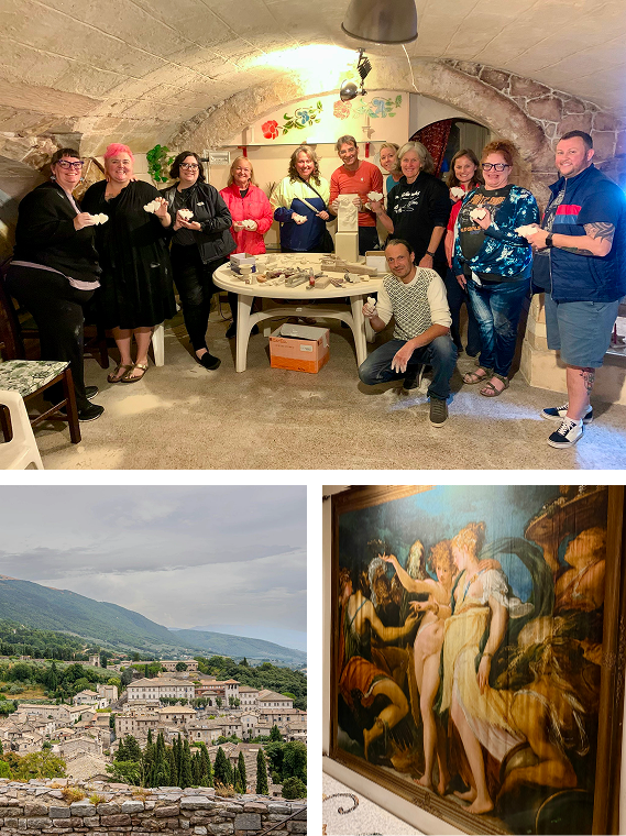 Group of people gathered in a room with stone walls, standing around a table with artifacts, holding cups, smiling. Outside view of a town with mountains in the background. Classic painting of a mythological scene with winged figures and a reclining woman.