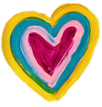 Colorful rainbow-colored heart with layers of yellow, blue, pink, and purple