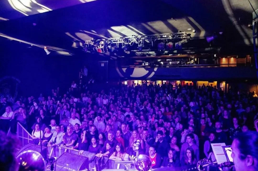 A large crowd of people at a concert in a dark venue with purple stage lighting.
