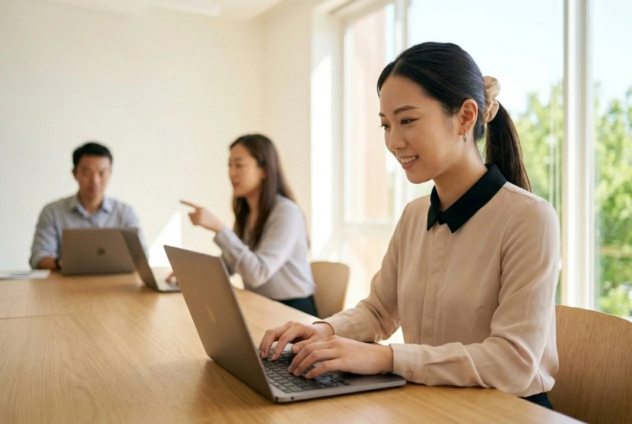Three people in a meeting room sitting at a wooden table with laptops open, one woman in the foreground typing on her laptop while smiling, two people in the background engaged in conversation.