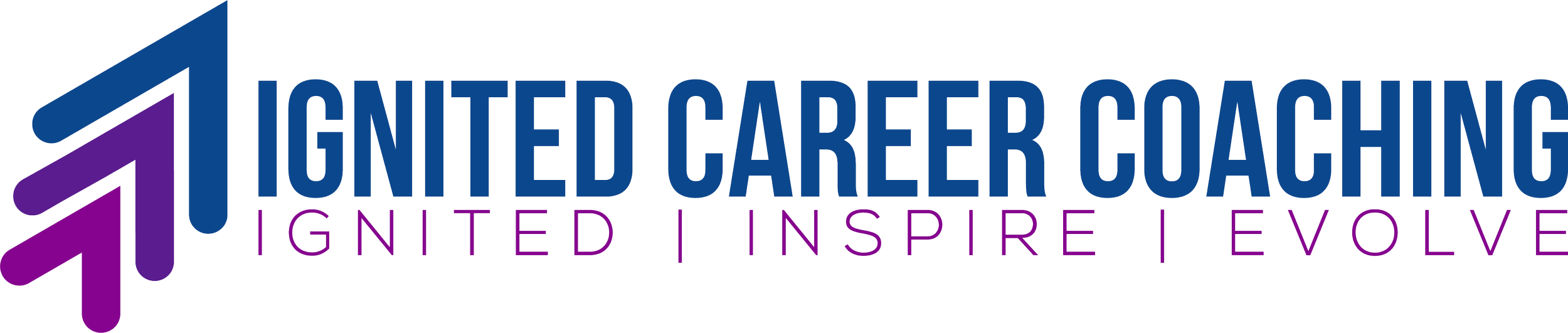 Logo for Ignited Career Coaching with purple and blue stylized flames and the words 'Ignited Career Coaching' in bold blue letters, and the tagline 'Ignite | Inspire | Evolve' in purple.