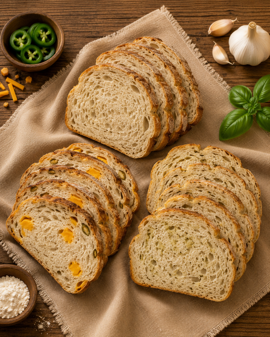 Sliced Italian bread with cheese and olives on a beige cloth, garlic, basil, jalapenos, and shredded cheese on a wooden table.