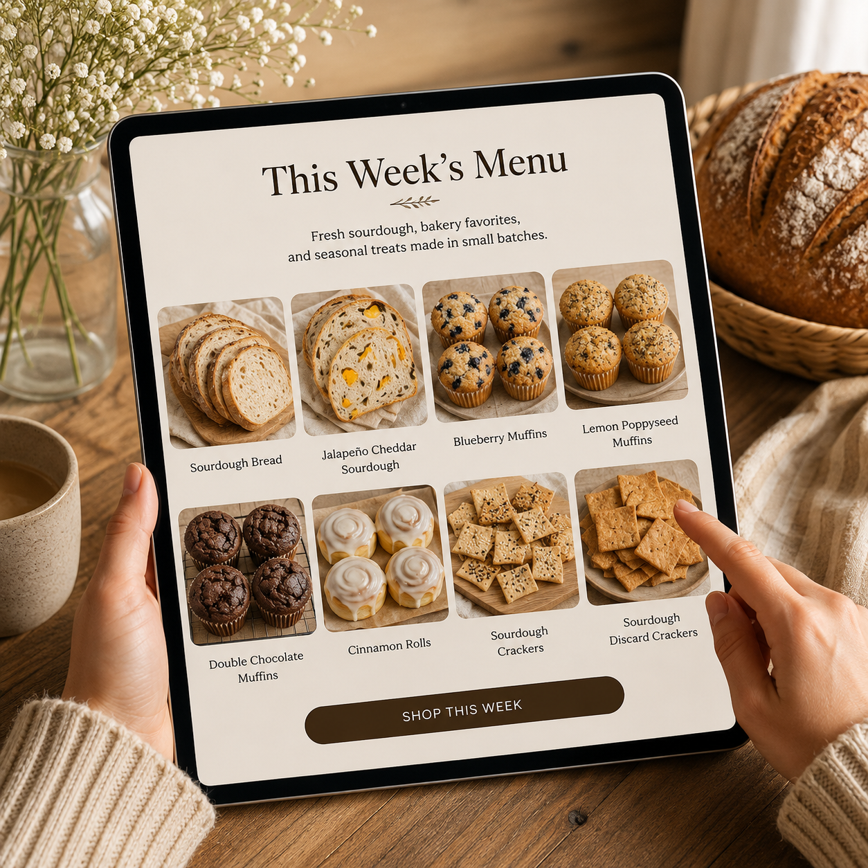 A person holding a tablet displaying this week's bakery menu with images of sourdough bread, jalapeño cheddar sourdough, blueberry muffins, lemon poppyseed muffins, double chocolate muffins, cinnamon rolls, sourdough crackers, and sourdough discard crackers on a wooden table with a basket of bread, a mug of coffee, and a vase of flowers nearby.
