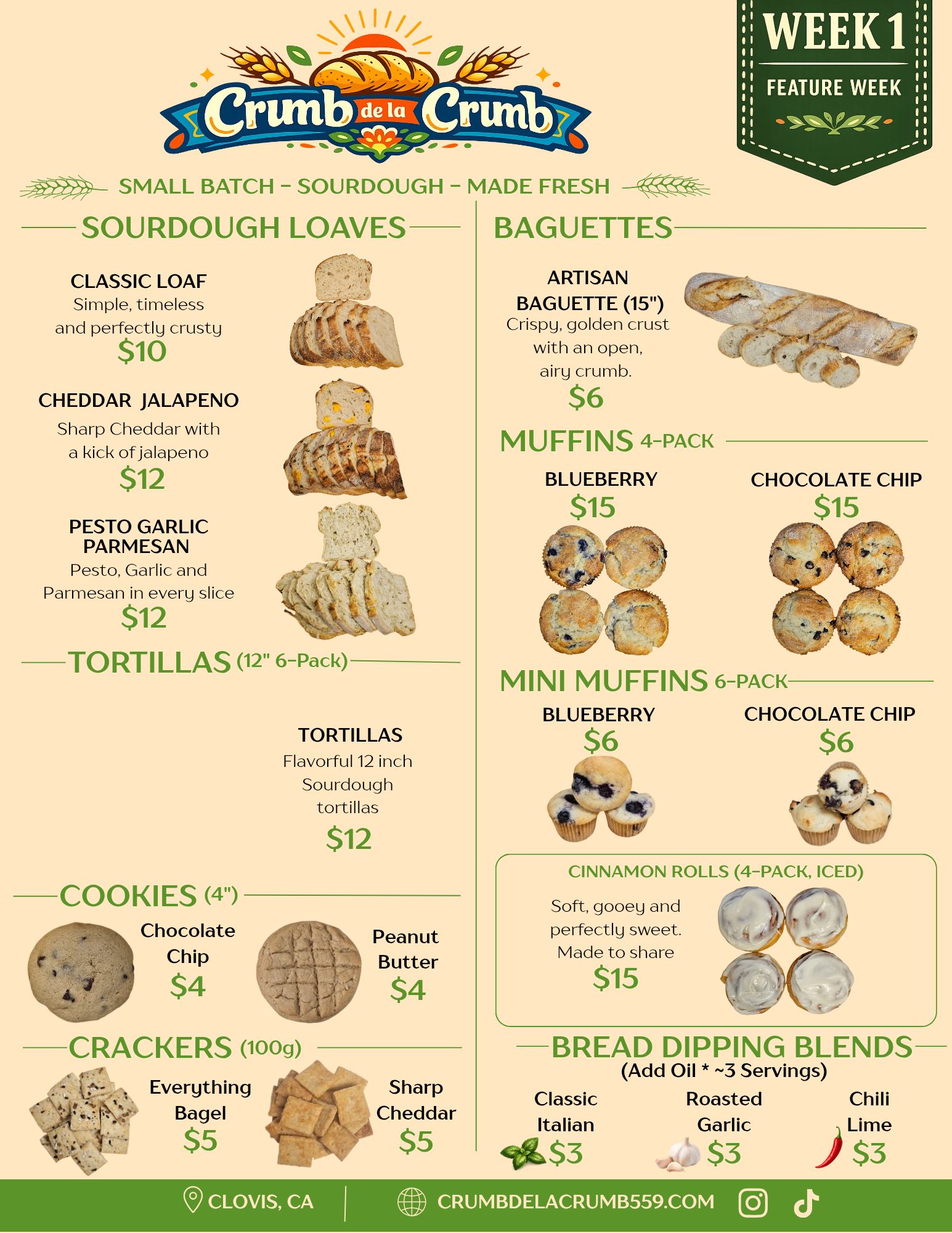 Menu for Crumb de la Crumb bakery, featuring sourdough products, bagels, muffins, cookies, crackers, bread dipping blends, and breakfast blends, with prices for each item, and the bakery's location in Clovis, CA, website, and social media icons.