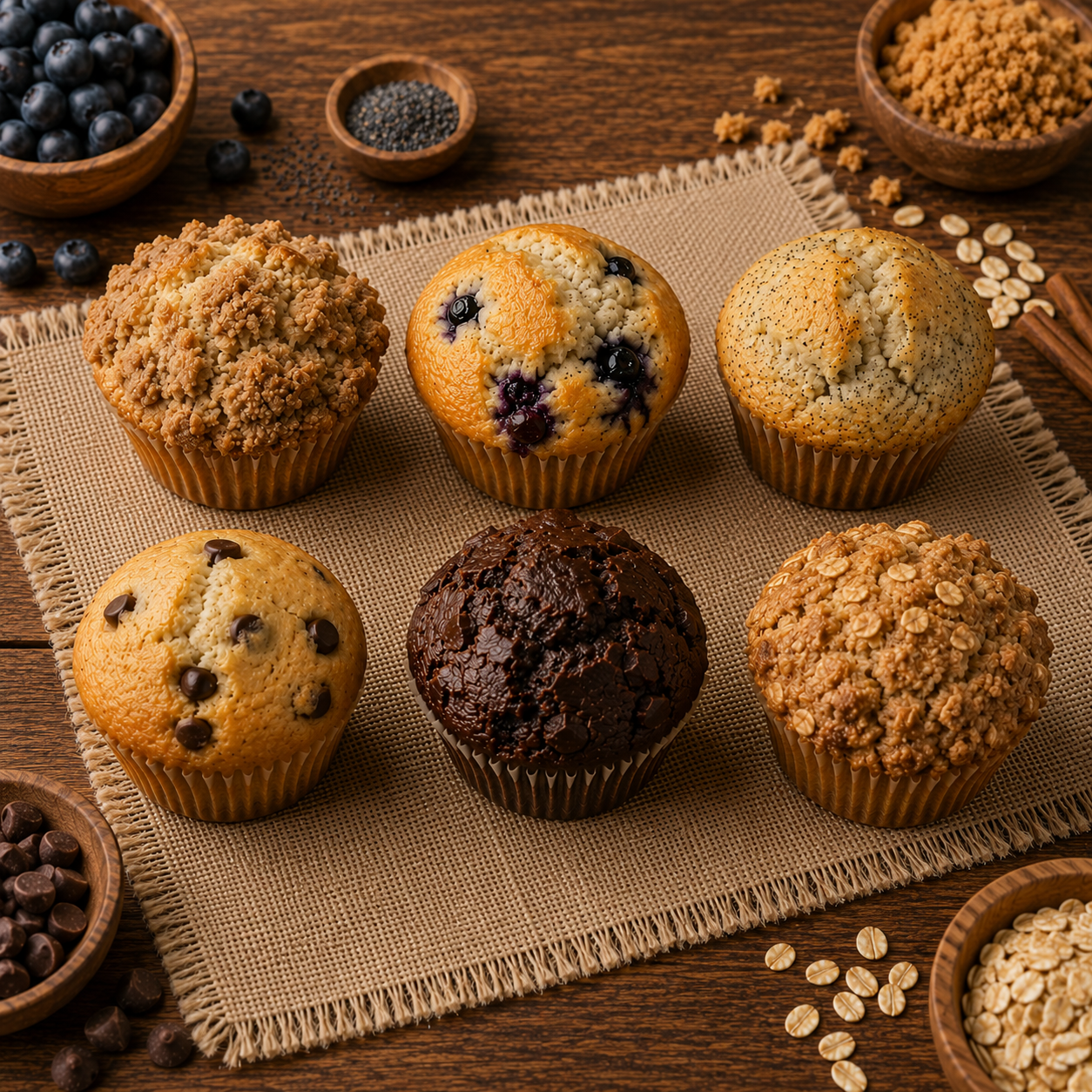 A variety of six muffins on a wooden table with small bowls of blueberries, chocolate chips, and other ingredients in the background.