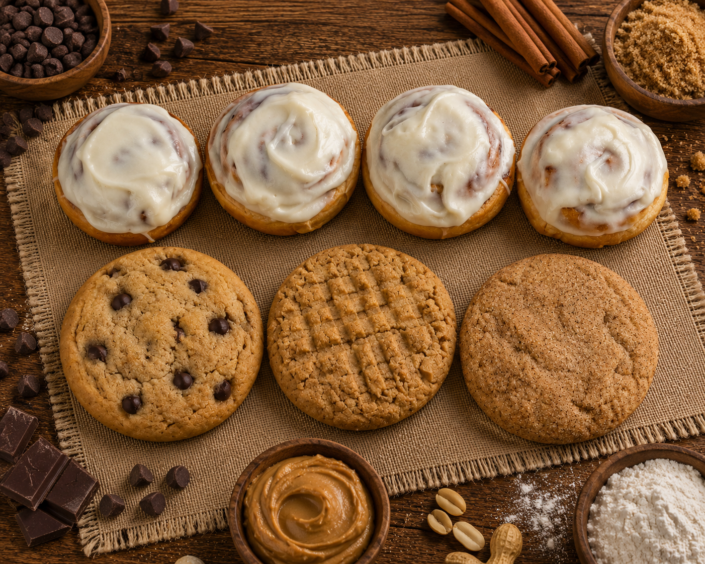 Assorted cookies with chocolate chips, oatmeal, and sugar cookies, surrounded by chocolate squares, cinnamon sticks, and baking ingredients on a wooden surface.