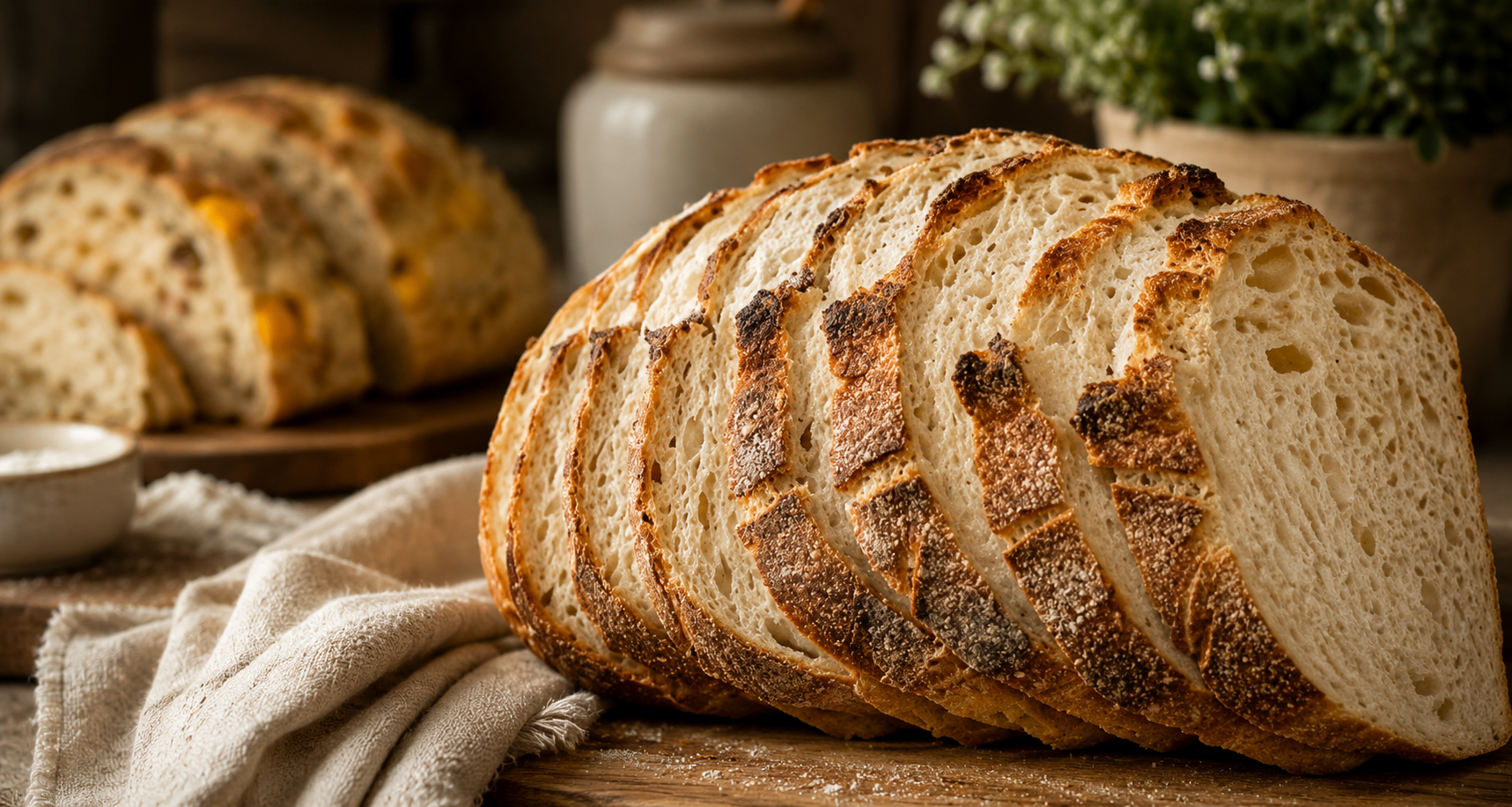 Sliced rustic bread on a wooden cutting board with a cloth, with more bread in the background and some small bowls and a plant nearby.