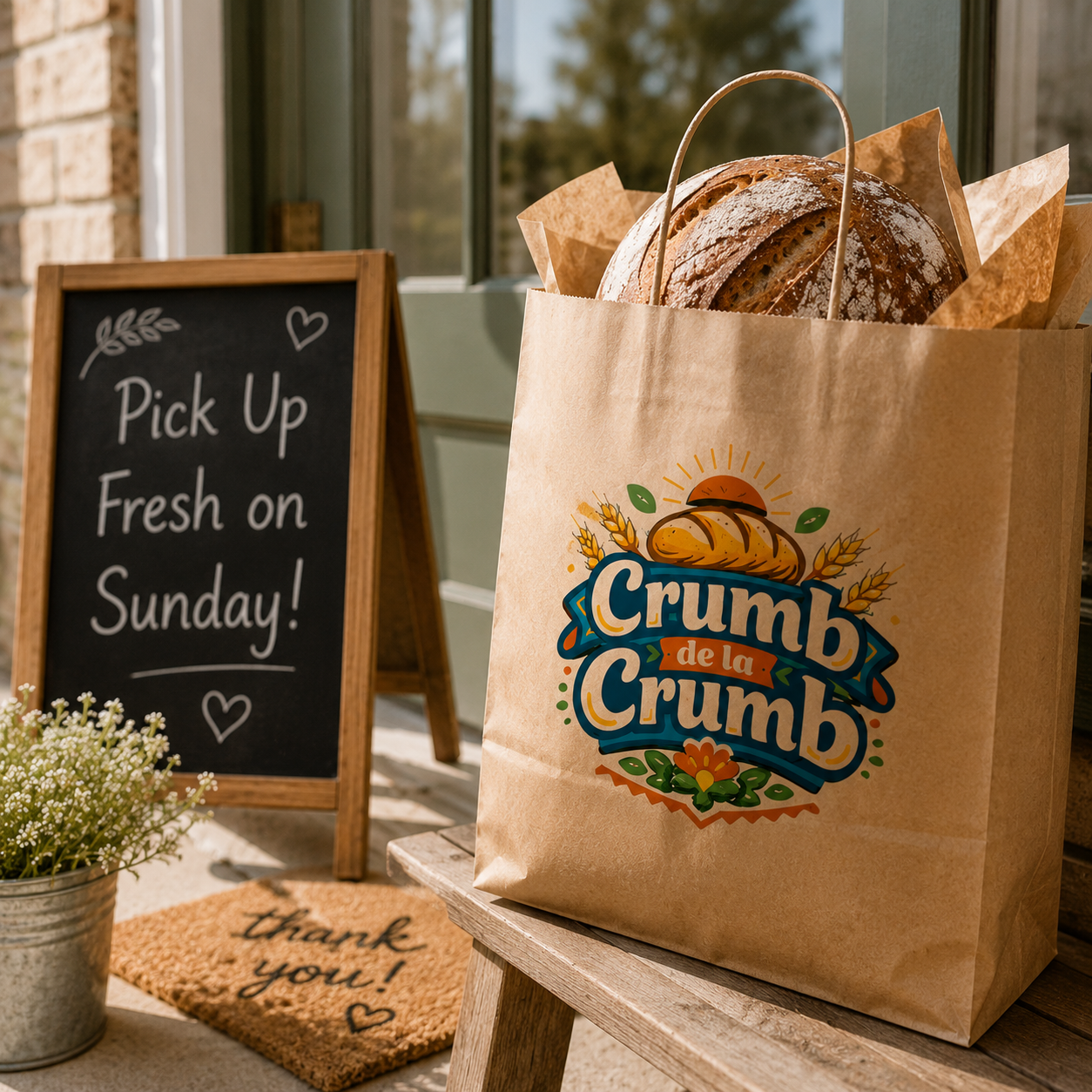 A paper bag with a colorful bakery logo containing bread, placed on a wooden bench outside a bakery. In the background, a blackboard sign reads 'Pick Up Fresh on Sunday!' with small hearts, and there is a potted plant and a doormat with 'thank you!' written on it.