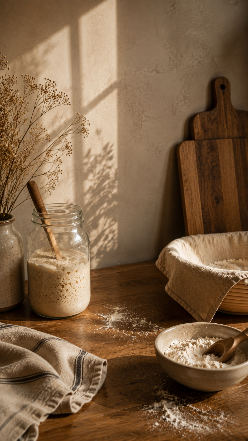 A rustic kitchen scene with a jar of bread dough, a bowl of flour, and a rolling pin on a wooden table, decorated with dried flowers and warm sunlight creating shadows on the wall.