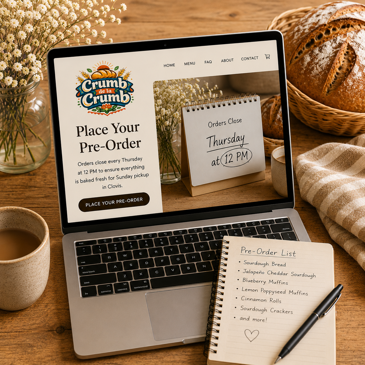 Laptop displaying a bakery pre-order website, a note card indicating orders close on Thursday at 12 PM, a notebook with a pre-order list for baked goods, and baked bread with flowers and coffee on a wooden table.
