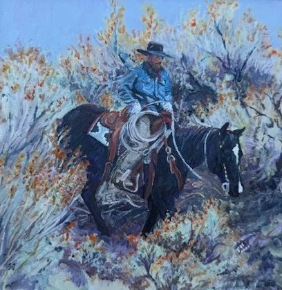 "Ride Through the Safe Brush" • Medium: Oil • 12X12 with frame • Price: $450 • Won Honorable Mention at 2025 Red River Valley Museum