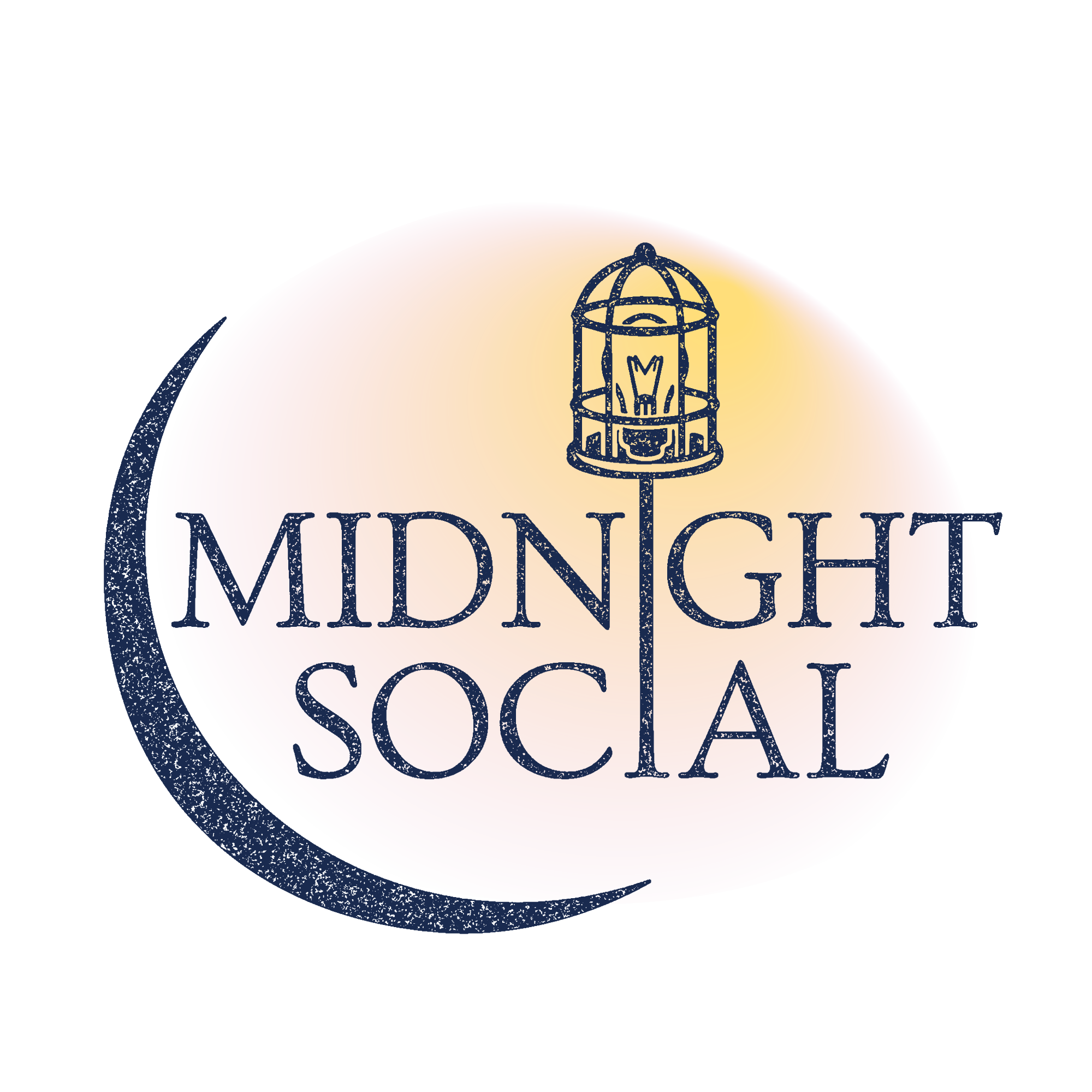 Stylized logo for 'Midnight Social' featuring a dark blue lantern emitting a yellow glow, set against a pink and purple gradient background.