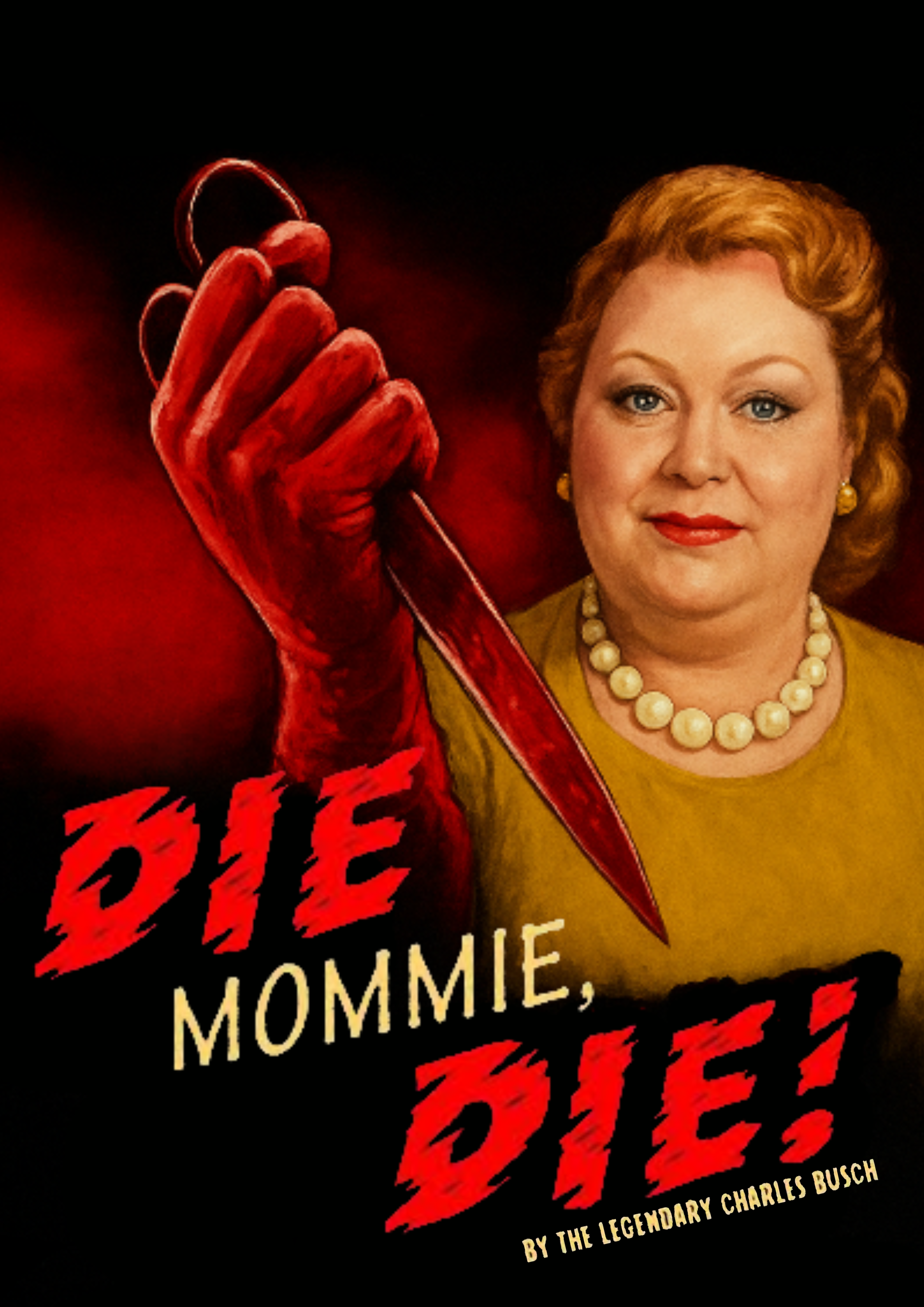 Book cover for 'Die Mommie, Die!' featuring a woman with red hair wearing a pearl necklace and earrings, holding a bloody knife, with the title in red and white text.
