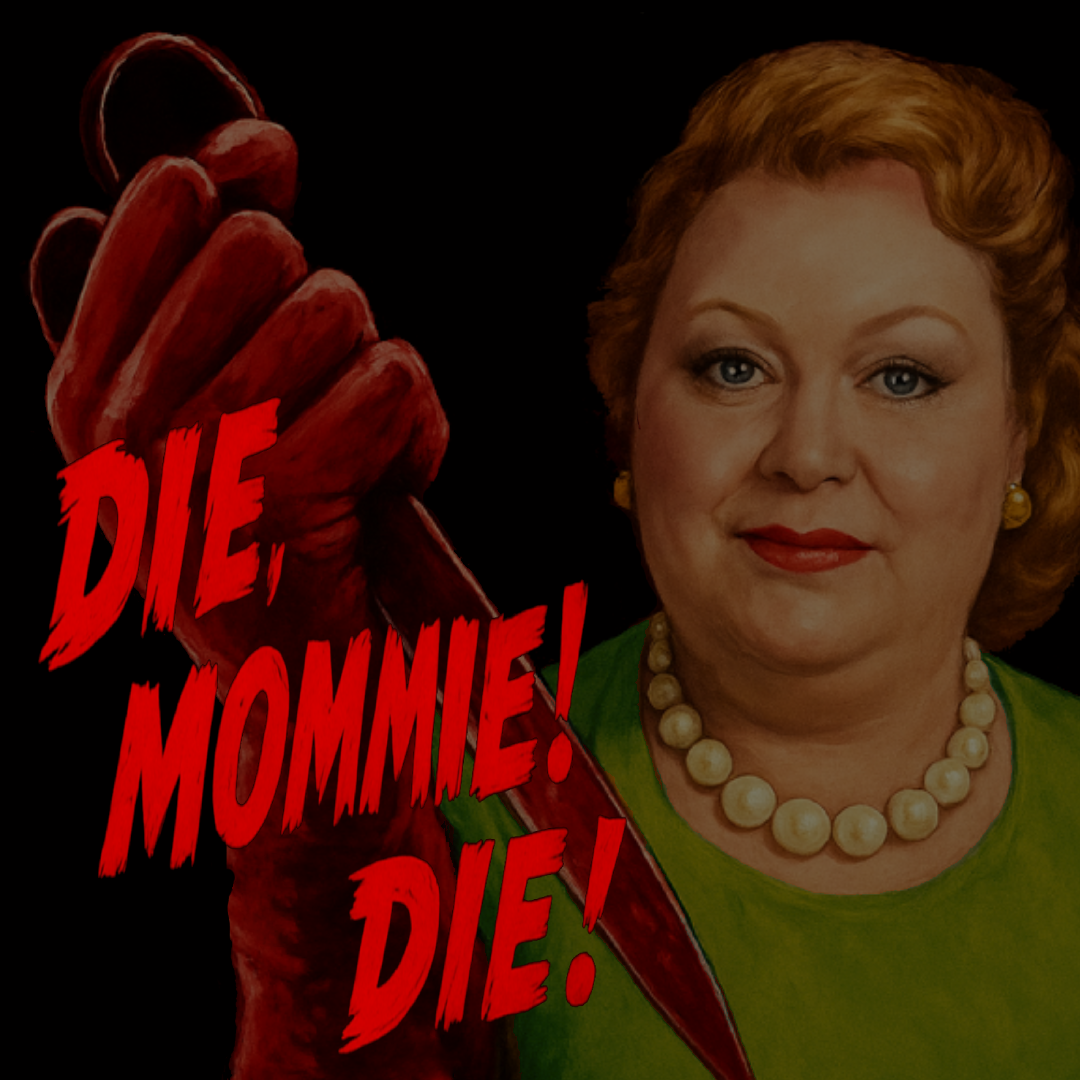 A woman with short curly hair wearing a green top and pearl necklace, holding a large bloody knife, with the text 'DIE MOMMIE! DIE!' in red and black on a black background.