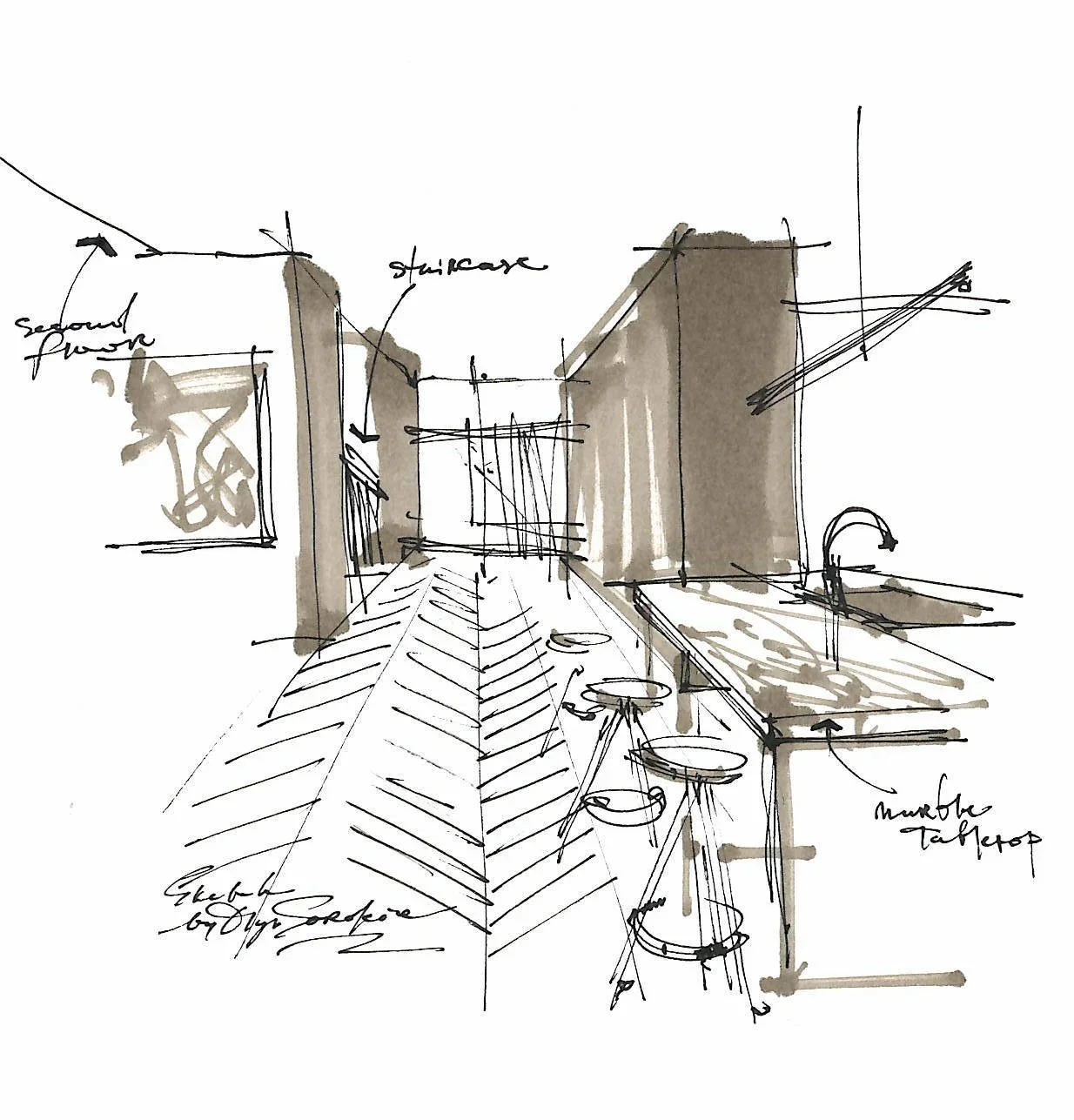 Sketch of a modern kitchen with a perspective view, including a kitchen counter with stools, labeled elements like staircase, secondary room, and marked tables. Hand-drawn with brown ink and annotations.