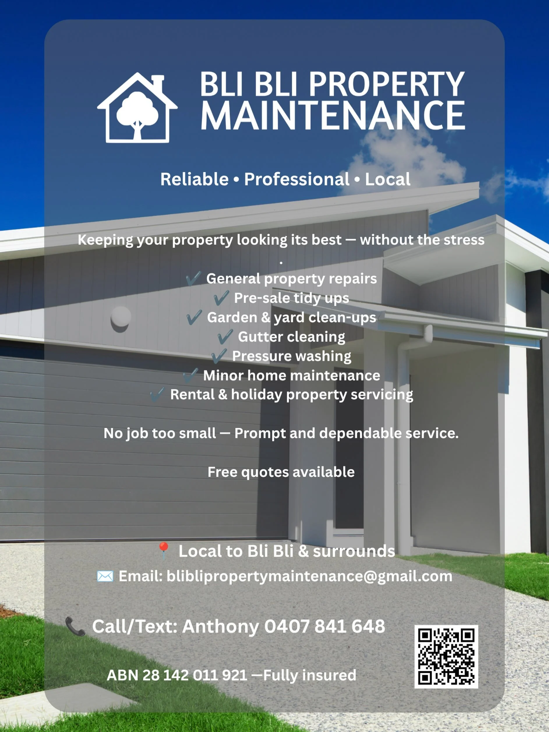 Local handyman servicing Bli Bli and surrounding areas. General repairs - Cleaning - Garden and lawn care. Reach out to see if I can help. Anthony.