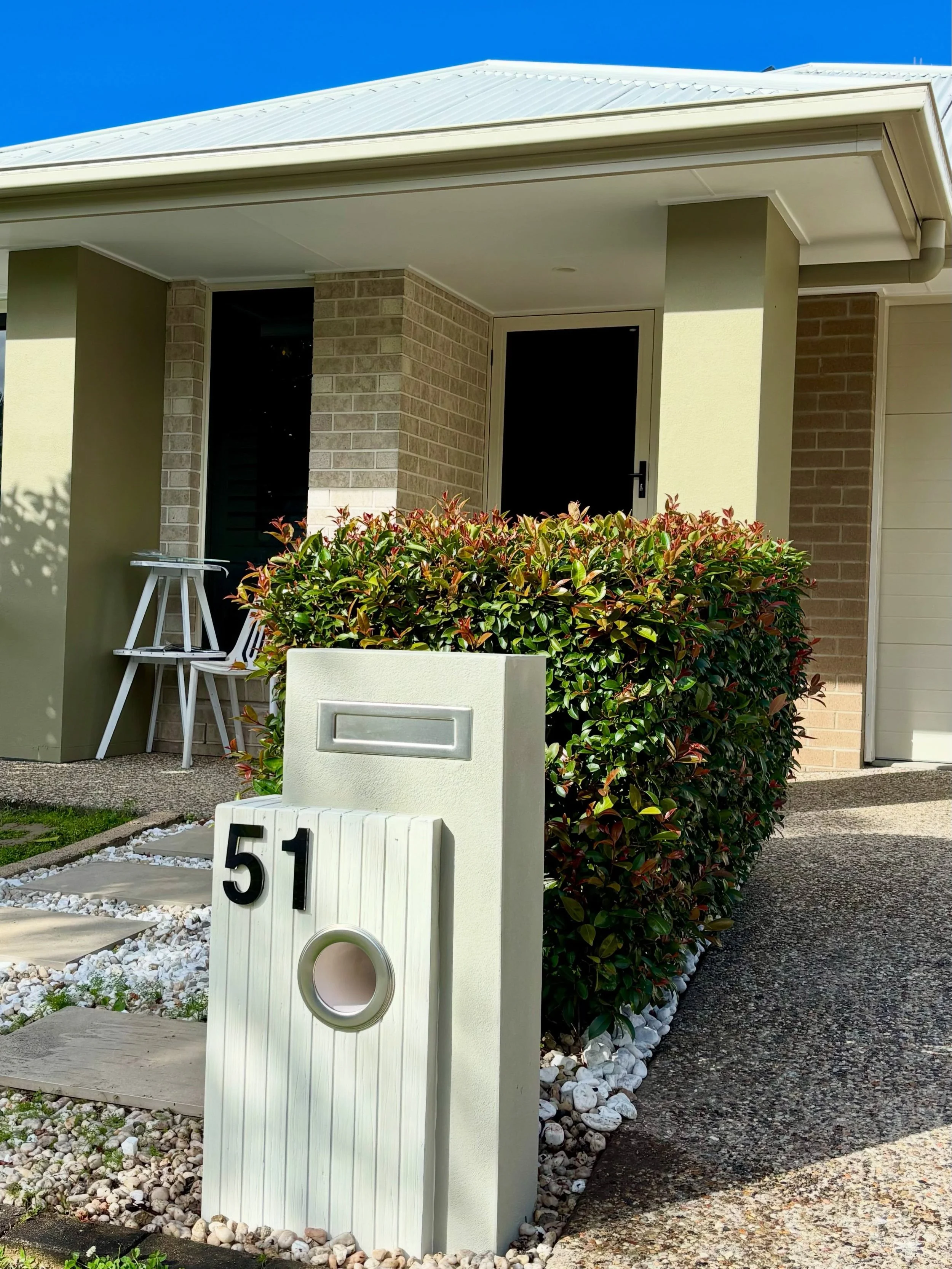 This tired mail box was disintegrating from the inside out (foam base) we replaced with this sharp looking customer supplied replacement. I believe a nice mailbox is a quality statement.
