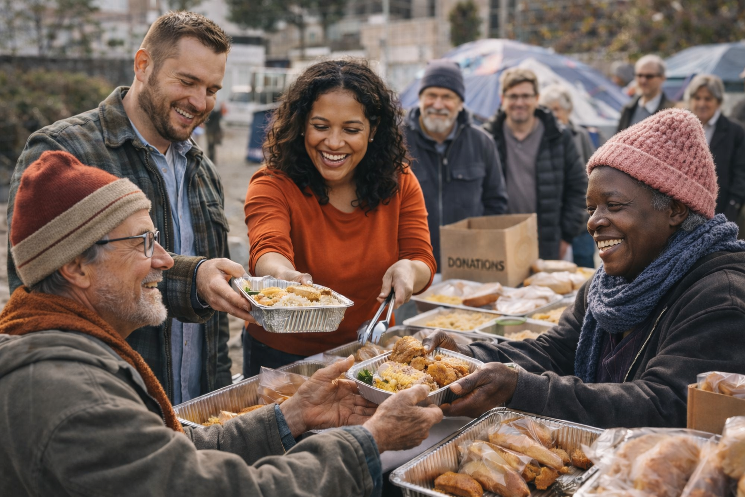 People sharing Thanksgiving meal outdoors, handing aluminum trays of food to each other, with donations box in background.
