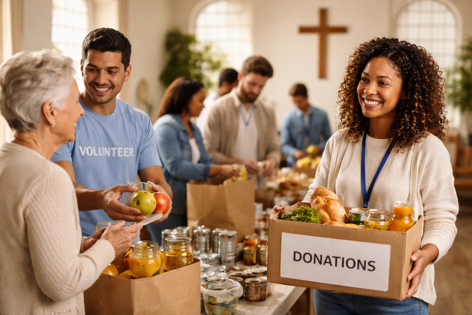 Women and volunteers distributing donations including food and jars of preserves in a church hall.