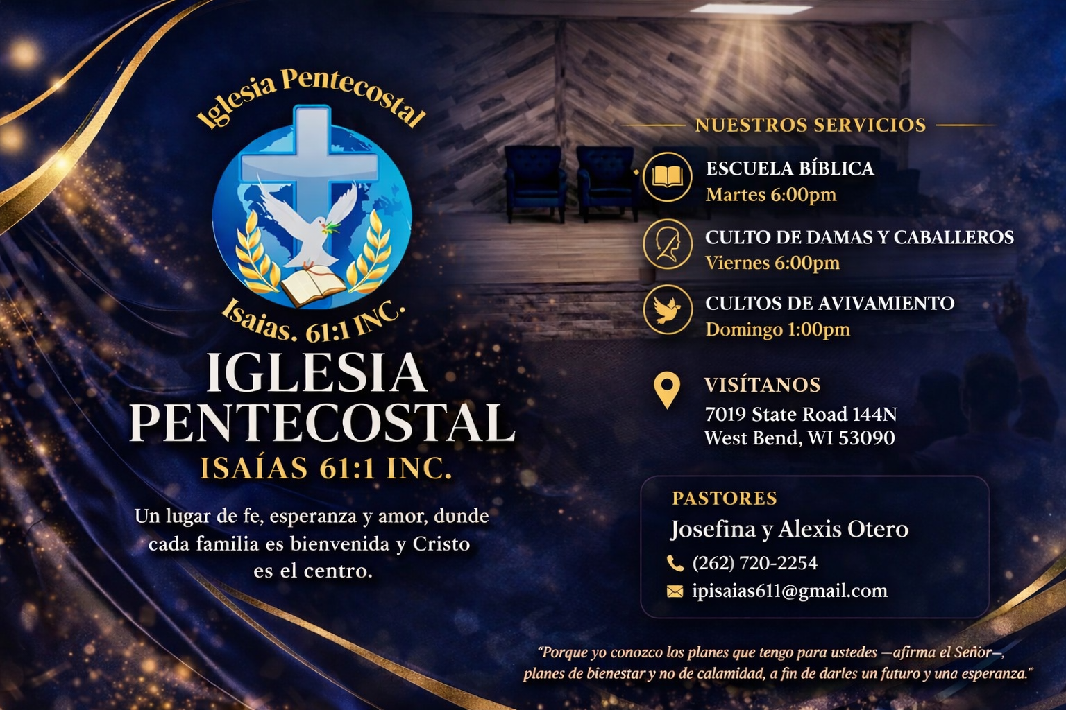 Flyer for Iglesia Pentecostal, features a logo with a cross, dove, open Bible, and laurel, with service times and contact info, set against a dark blue background with gold accents.