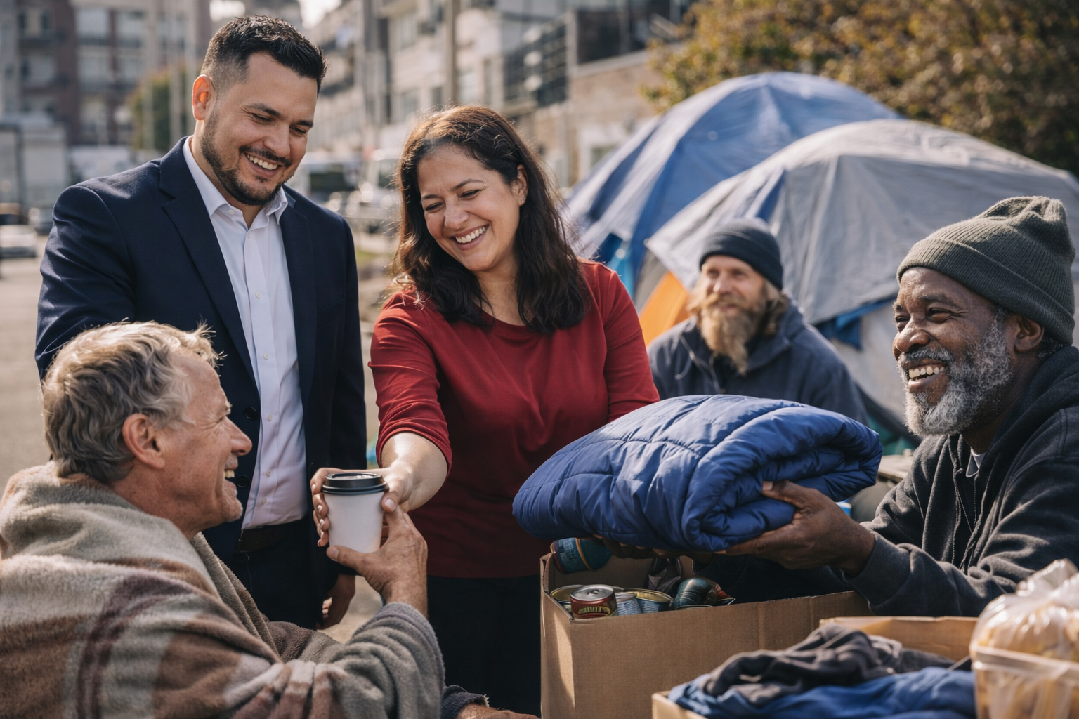 People giving food and clothing to homeless man on the street, with tents in the background.